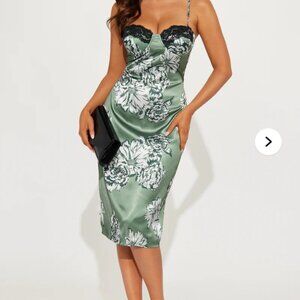 Fashion Nova Silky Floral Bustier Midi Dress with Lace Embelishment